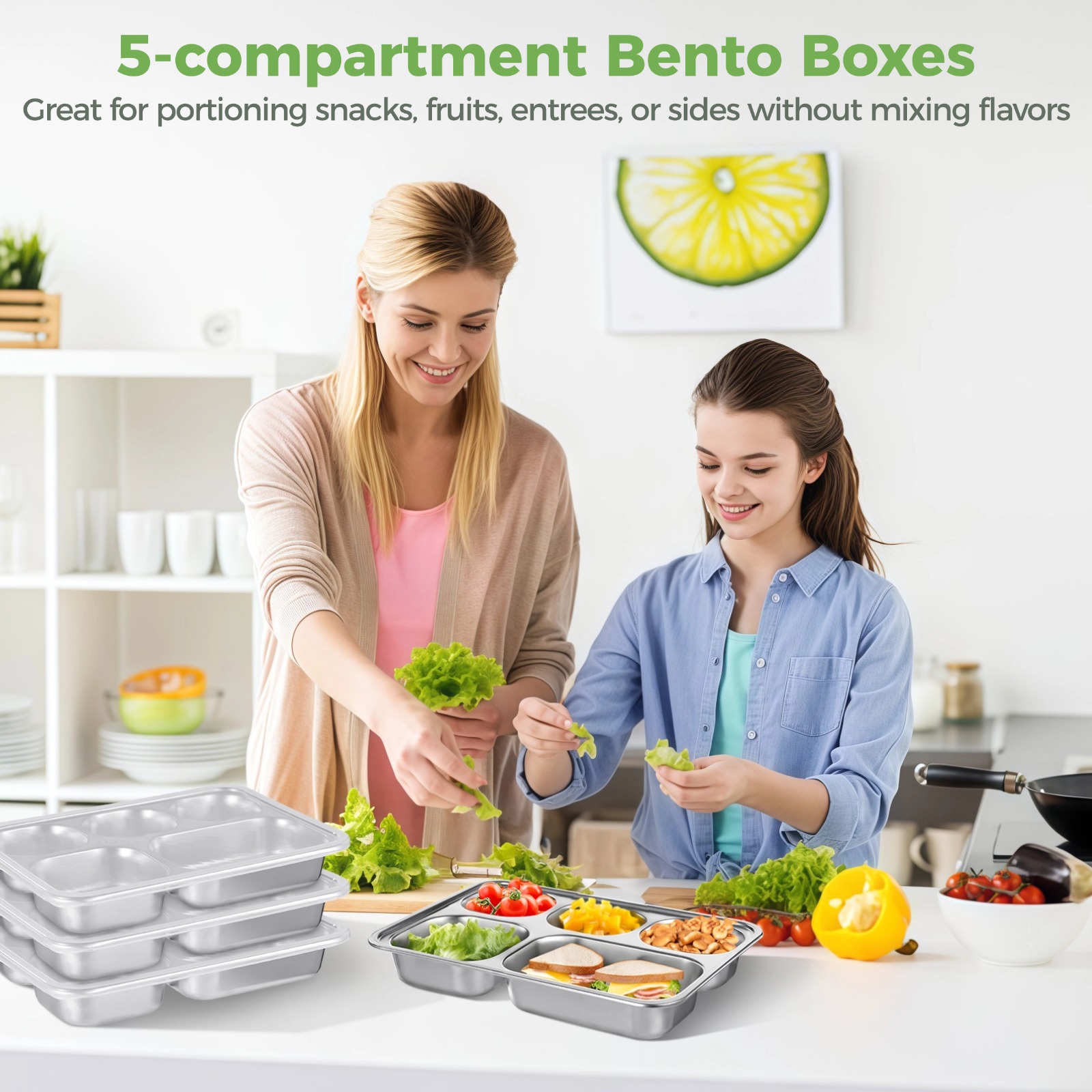 4 Pcs Stainless Steel Snack Containers, 5-compartment Bento Boxes with Lids, Deep Large Metal Lunch Trays, Stackable Divided Lunch Containers for Home, Office, Travel