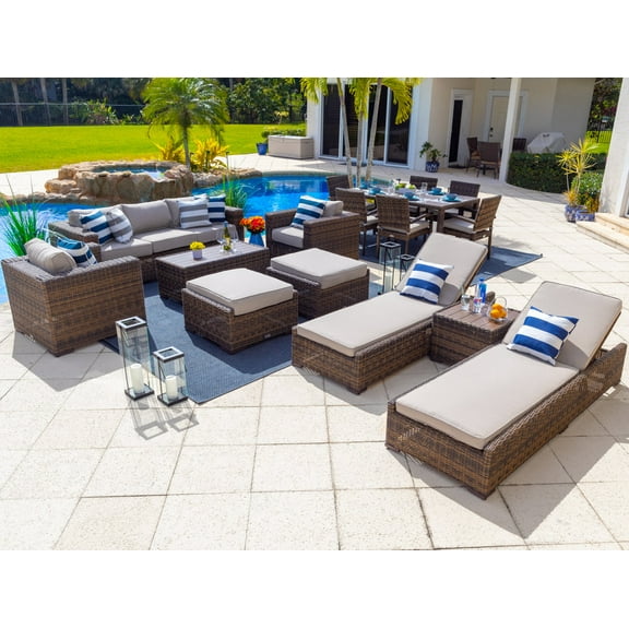 Tuscany 16-Piece Resin Wicker Outdoor Furniture Combination Set with Sofa Lounge Set, Dining Set, and Chaise Lounge Set (Half-Round Brown Wicker, Polyester Light Gray)