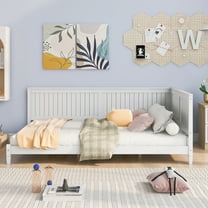 Sesslife Full Daybed, Modern L-shape Daybed Frame with Wooden Slats, Full Size Solid Wood Sofa Bed with Armrest and Backrest, No Box Spring Needed, White