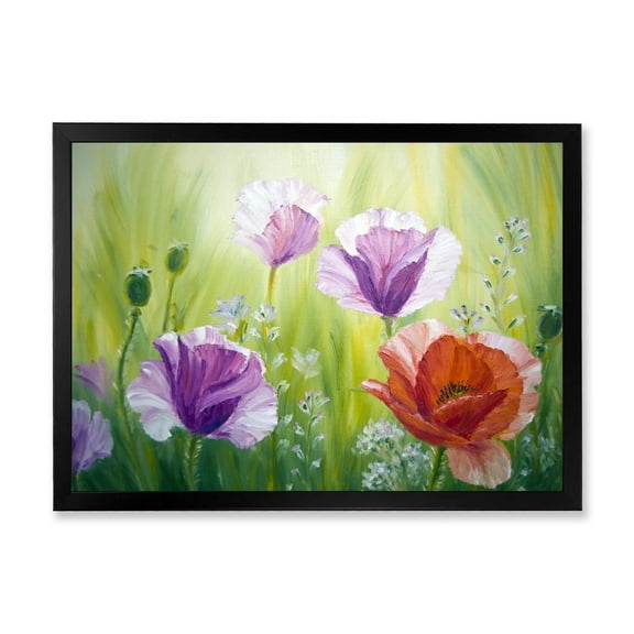 Designart 'Blossoming Red and Purple Poppies In The Morning II' Traditional Framed Art Print