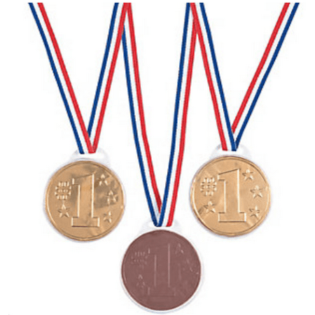 Chocolate Winner Medals, Award Medal Necklaces, Gold Metal Ribbon Candy Medallions (12)