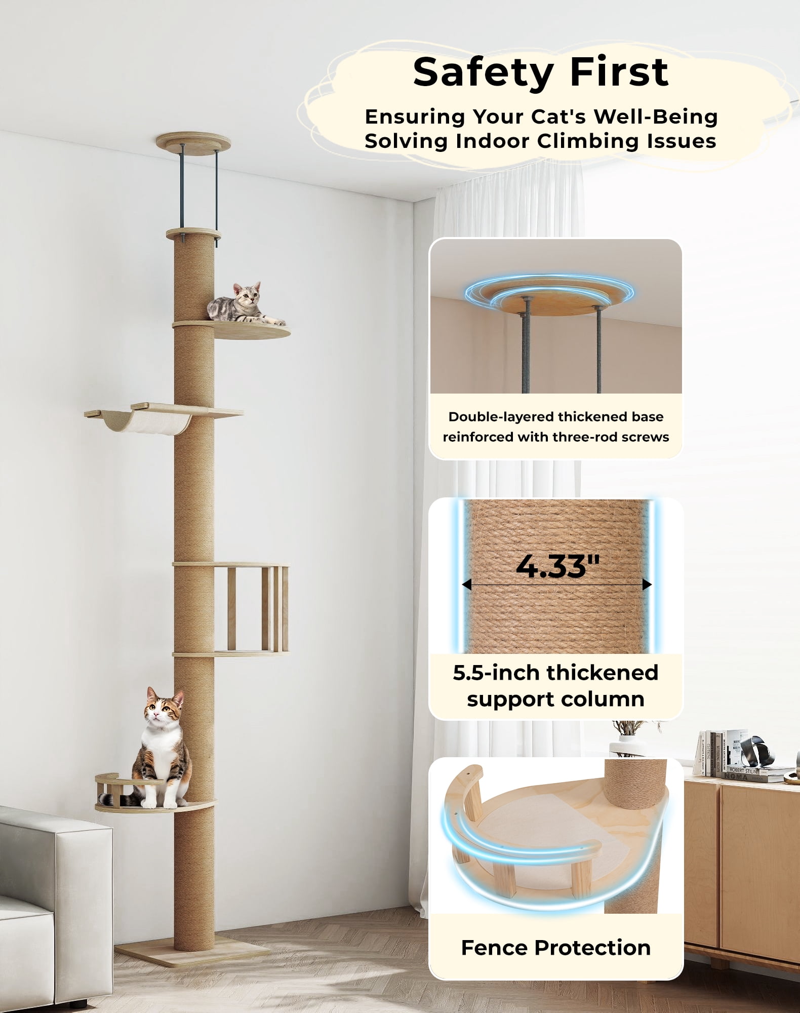 COZIWOW Floor-to-Ceiling Cat Tree, adjustable (89-112 inches), sturdy 5-tier tower for large cats. Features 4.33" scratching posts, hammock, platforms. Saves space, enriches indoor play.