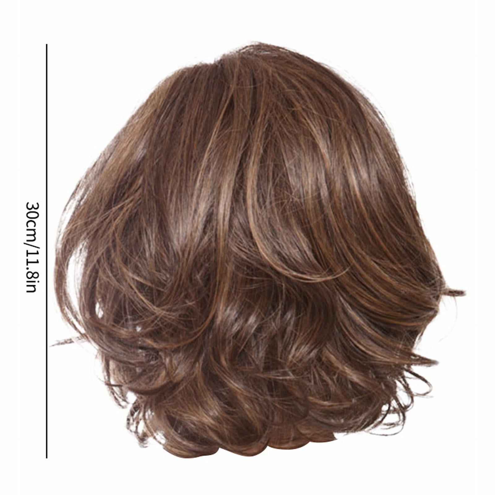 Short Wave Curly Wigs for Women, with Inclined Bangs, Layered Wavy Bob Wig with Medium Length, Average Cap, Elegant Puffy Synthetic Fibre Wig for Daily Party-Brown-11.8''Length