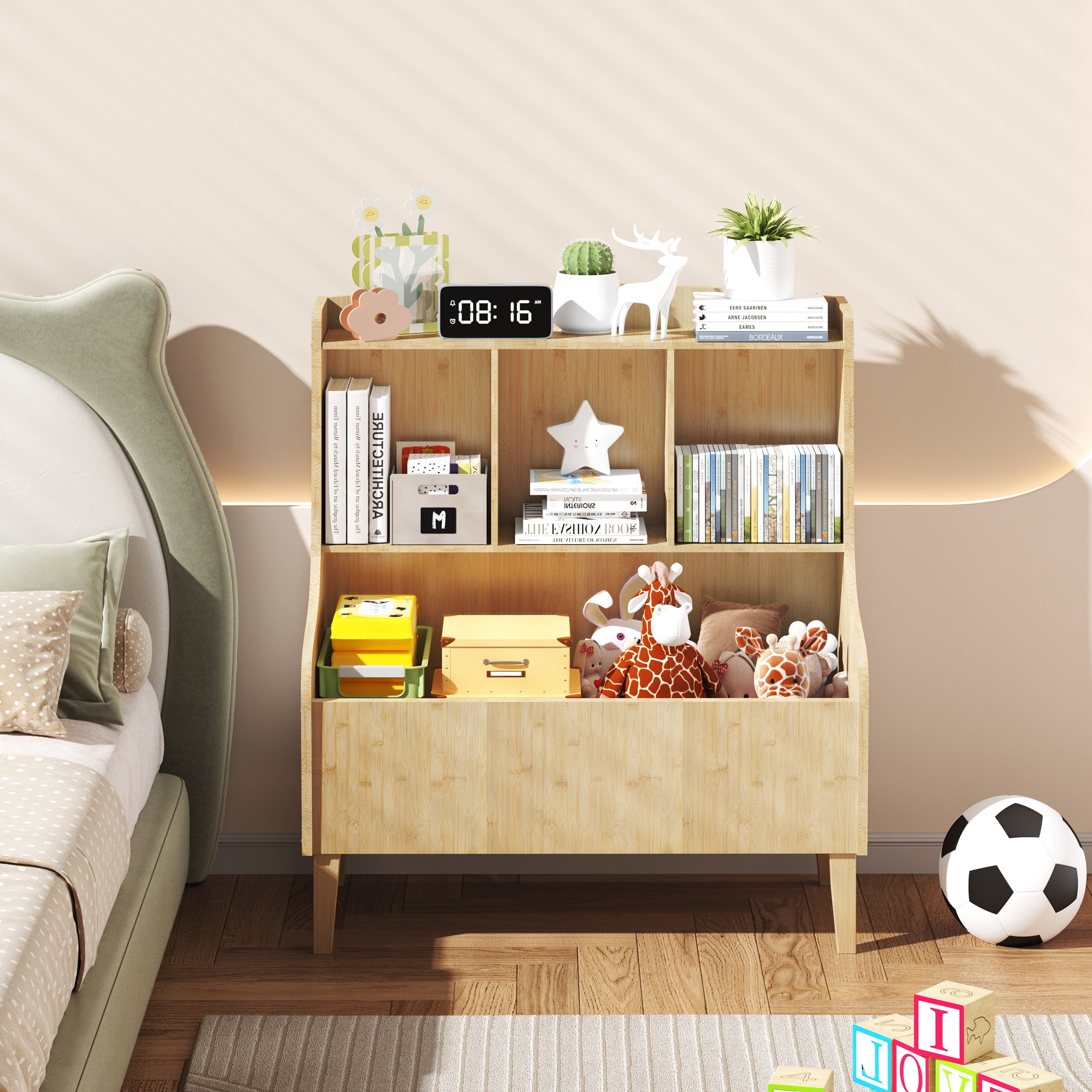BALANBO Toy Storage Organizer, Kids Bookshelf Market Bin Cubby, Toy Chest for Playroom, Natural