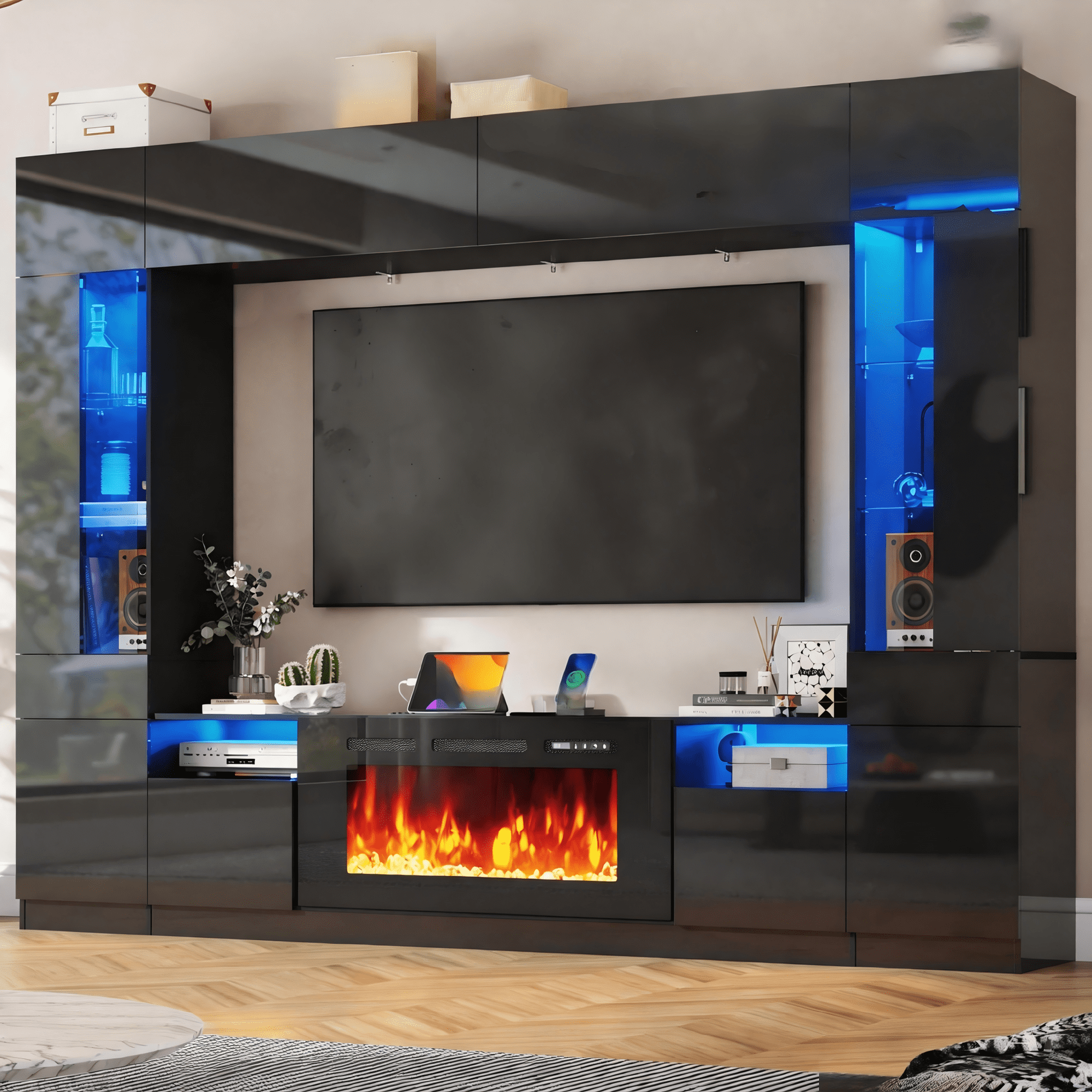 ANPOO 107" Large Wall Unit Entertainment Center with 40" Electric Fireplace, Bookshelves, LED Lights, Modern High Glossy TV Stand Media Console Table with Bridge Cabinet for Living Room & Home Theate