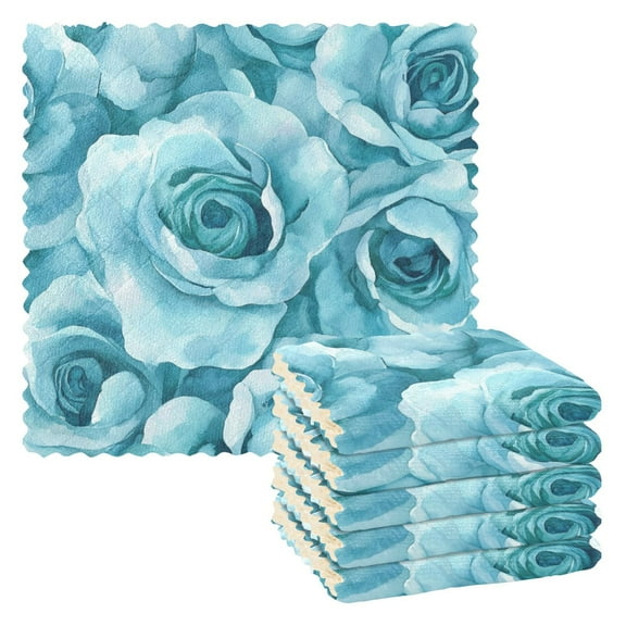6 Pieces of Kitchen Towels 11x11Inch Kitchen Dish Cloths Kitchen Dish Towels Reuseable Cleaning Cloths Turquoise Roses Seamless