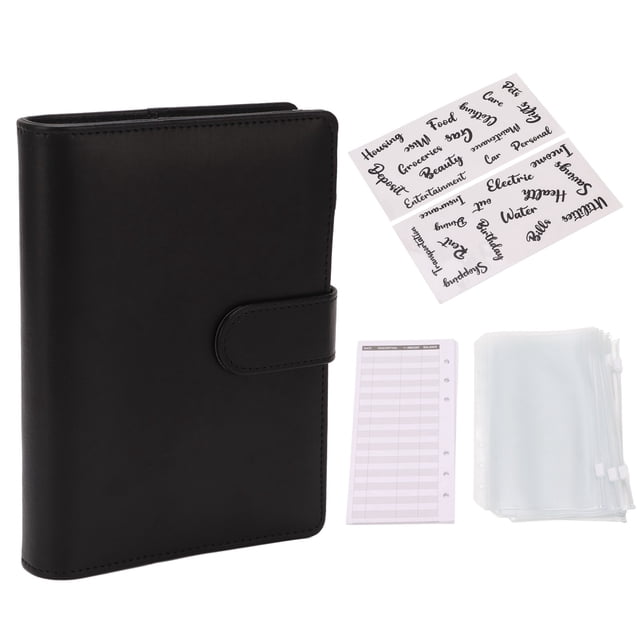 Carpeta económica A6 Carpeta de cuaderno de cuero PU de 6 agujeros 12 piezas Hoja de presupuesto 8 piezas Bolsas transparentes con cremallera Carpeta económica Negro