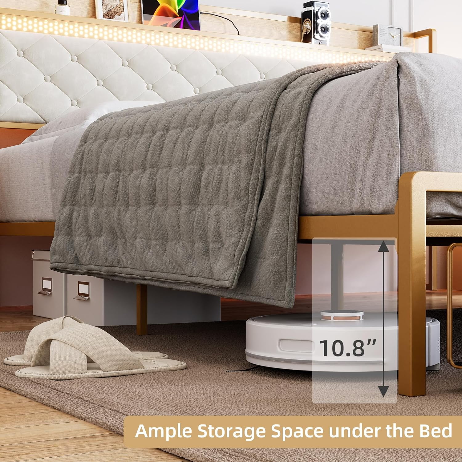 Historyli King Size Bed Frame with RGB LED Lights,Storage Headboard & 2 Storage Drawers,Upholstered Platform Bed with USB Ports & Outlets,Noise Free,Easy Assembly,No Box Spring Needed,White