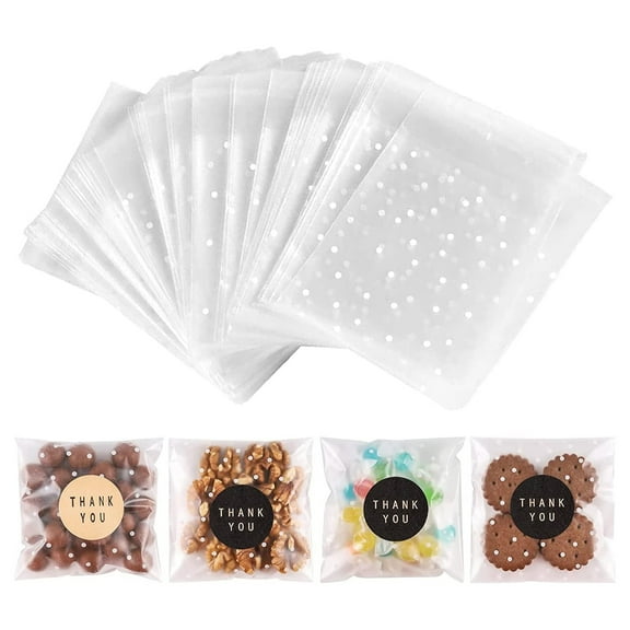 100PACK Self Adhesive Cookie Bags Cellophane Treat Bags Thank You for Gift Giving Candy with Stickers(White Polka Dot,2.2x2.2 INCH)
