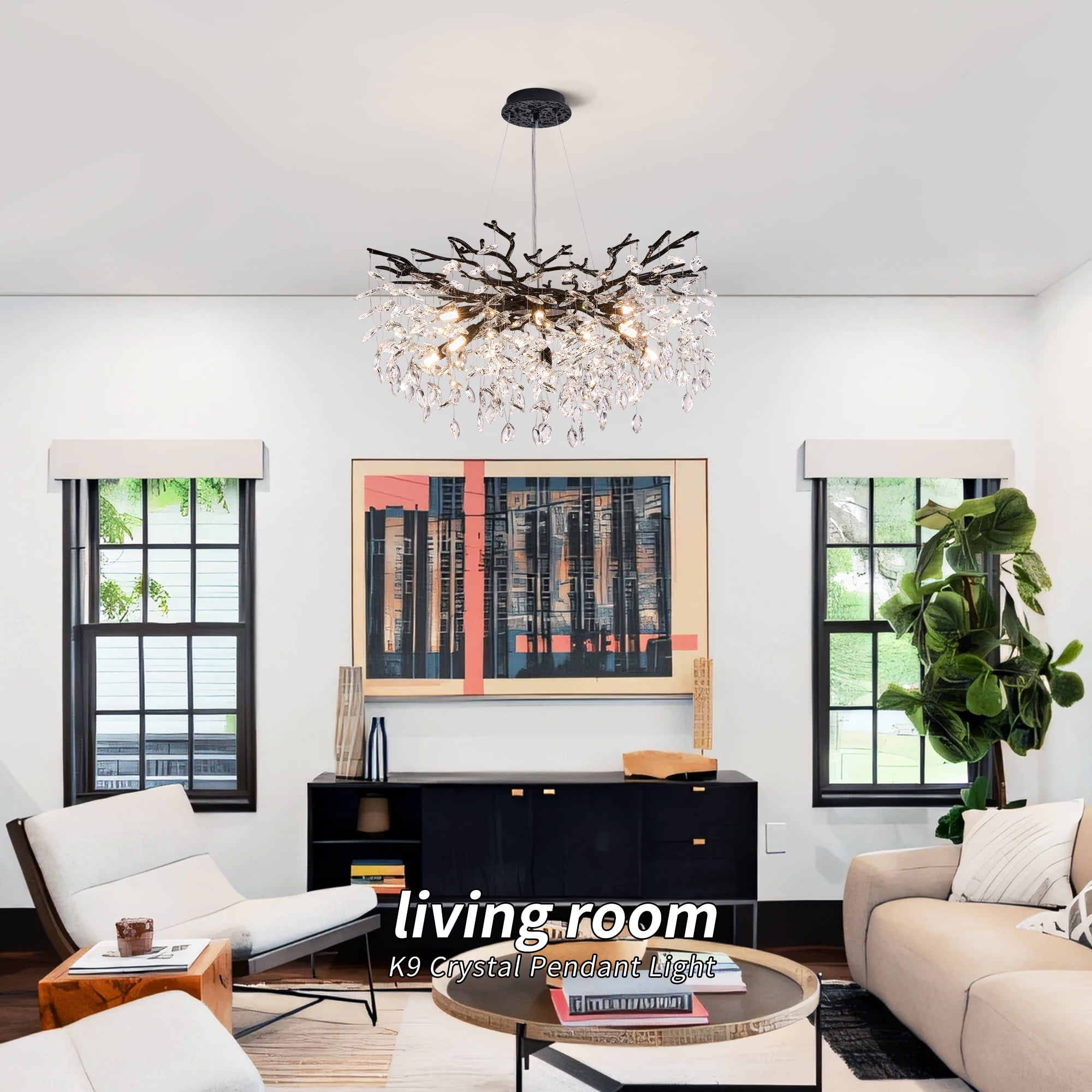 Modern Tree Branch Crystal Chandelier, Adjustable Height 20-78.7 Inches, Luxury Black Metal & Sparkling Crystal Lighting Fixture for Dining Room, Living Room, Bedroom