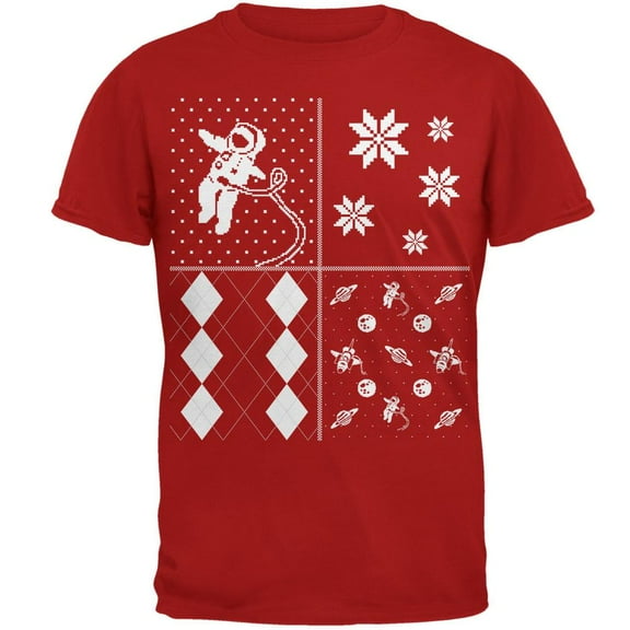 Astronaut in Space Ugly XMAS Sweater Festive Blocks Red Adult T-Shirt - Large