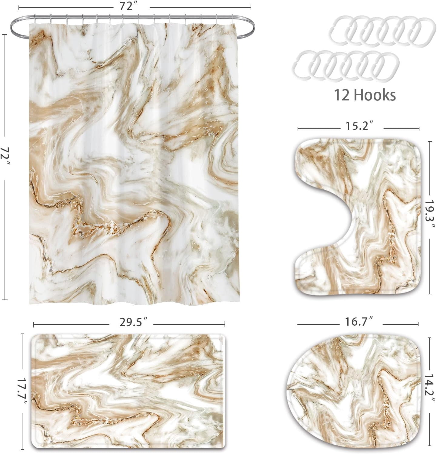 4 Pcs Brown Marble Shower Curtain Sets with Rugs, Tan Bathroom Decor Sets with Shower Curtain and Rugs and Accessories, Modern Bathroom Curtain Sets with Mats