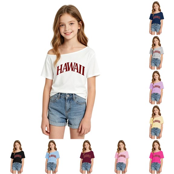 Little Girls Short Sleeve T-Shirts Crewneck Tops City Alphabet Print Asymmetric Shoulder Top Casual Tees Size 8-9T , White