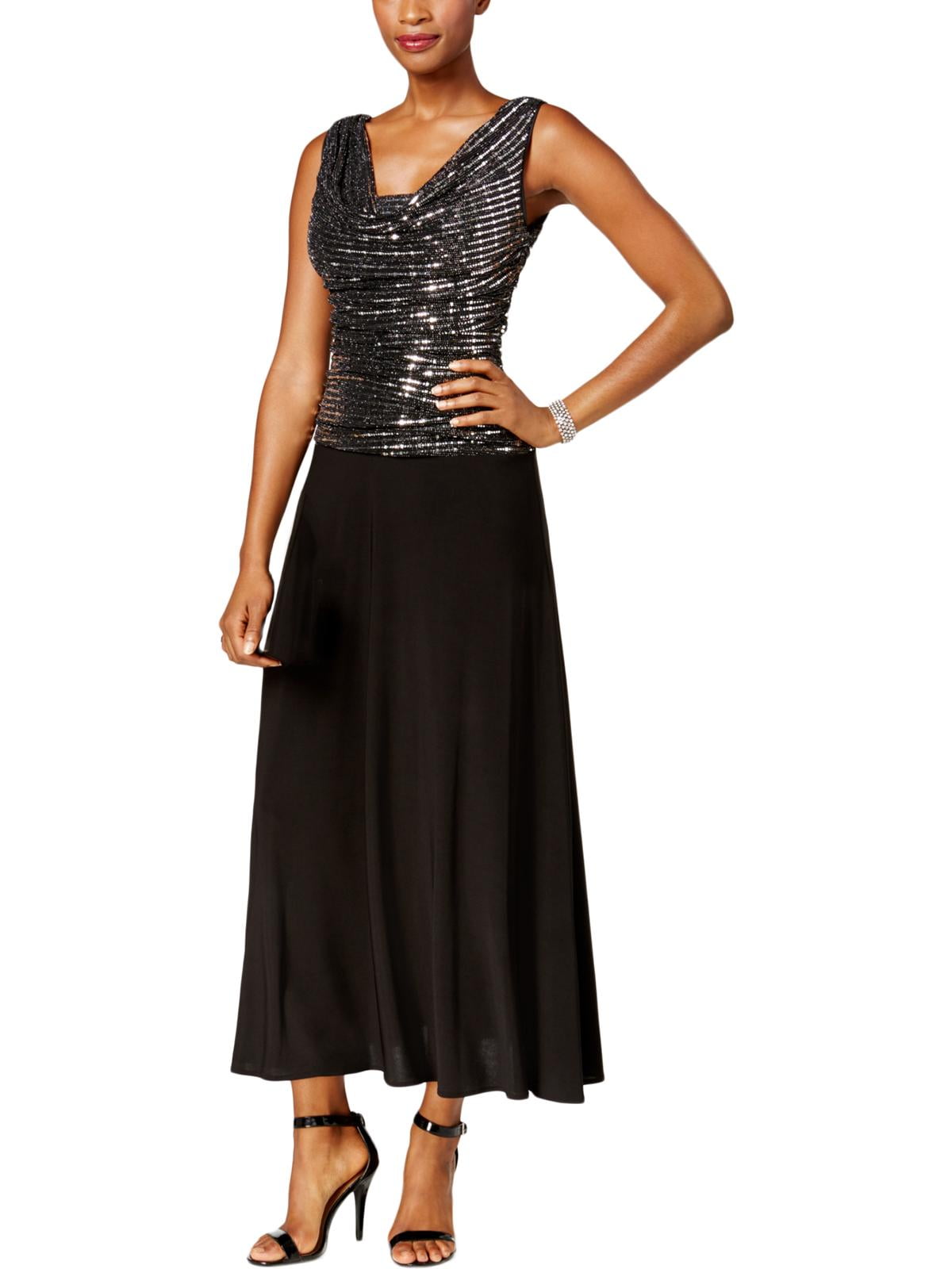 dressbarn DressBarn Women's Silver / Black Sleeveless Maxi Gown with Sequined top and Draped