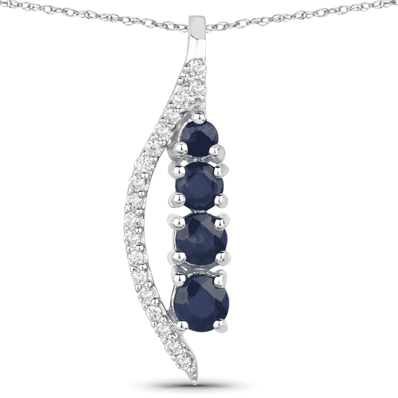 Natural Blue Sapphire And Diamond Pendant Necklace in 14K White Gold Graduated Design For Women