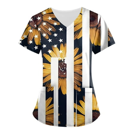 

Apepal Women Fashion V-neck Short Sleeve with Pockets Printed Scrub Tops Summer Scrub Blouse for Women
