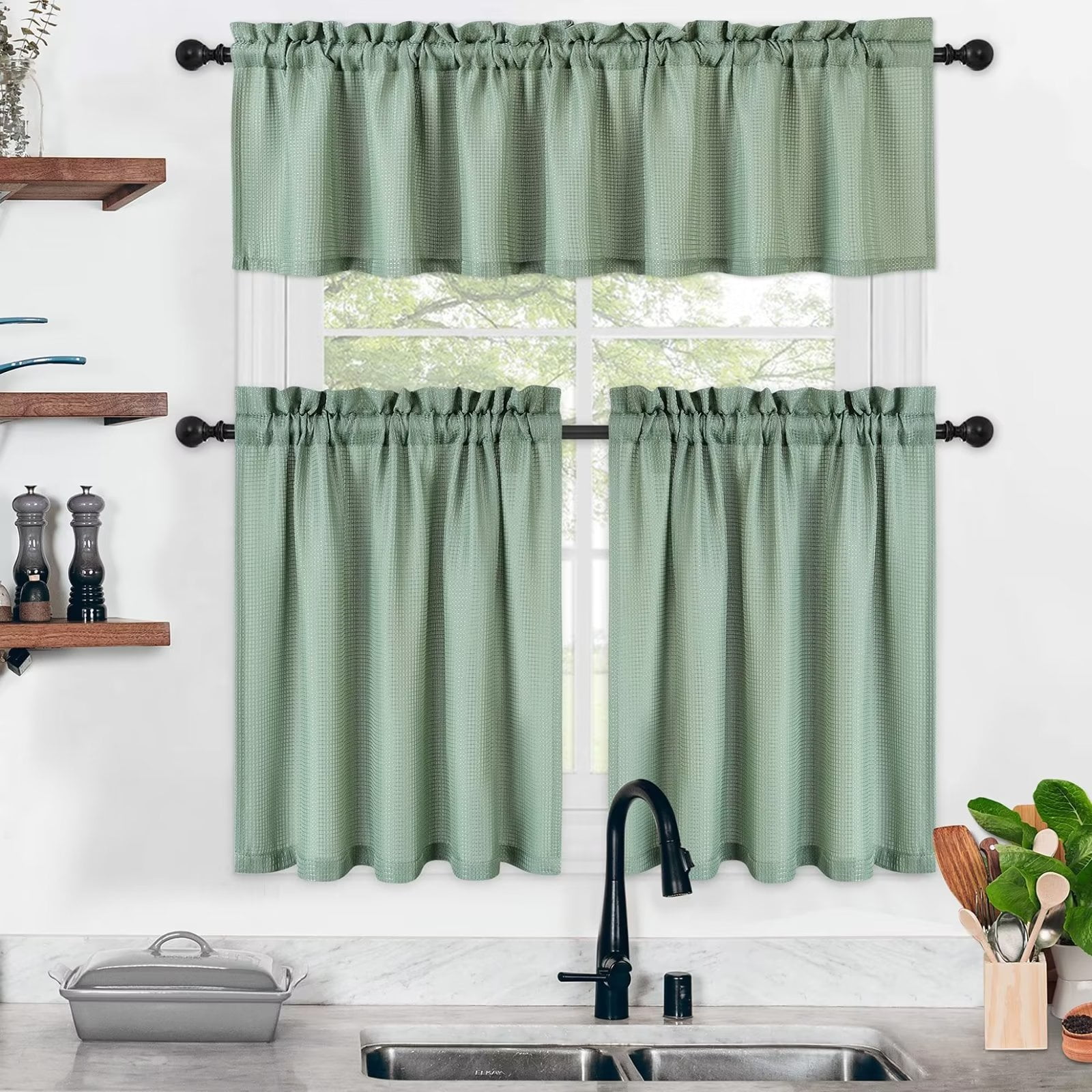 Haperlare 3 Pieces Kitchen Curtains and Valance Set for Kitchen, Waffle