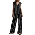 thumbnail image 2 of Pounoo Women's Loungewear Sets Vertical Stripe Sleeveless V Neck Top And Wide Leg Pants Two Piece Outfits Daily Wear Lightweight Breathable Loose Fit Sets Gift, 2 of 6