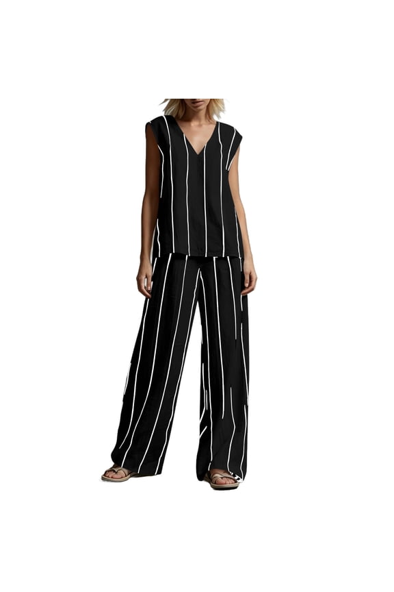 Simple Printed Two Piece Sets for Women, Round Neck Sleeveless Blouse Loose Wide Leg Pants Daily Coastal & Summer Resort Wear