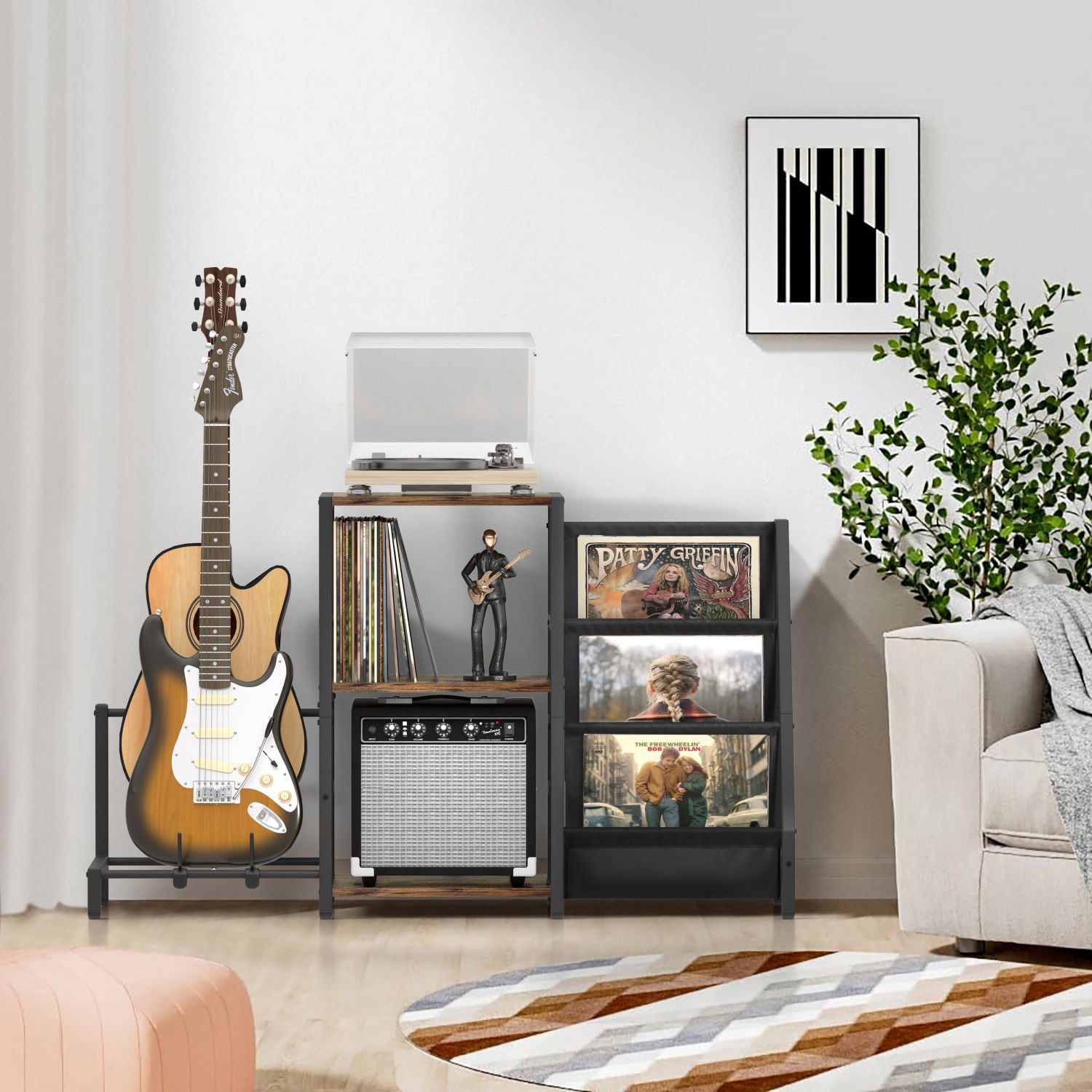 Olakee 3-Tier Record Player Stand with Guitar Stand for Acoustic, Electric Guitar, Bass, Vinyl Record Storage up to 200 Albums
