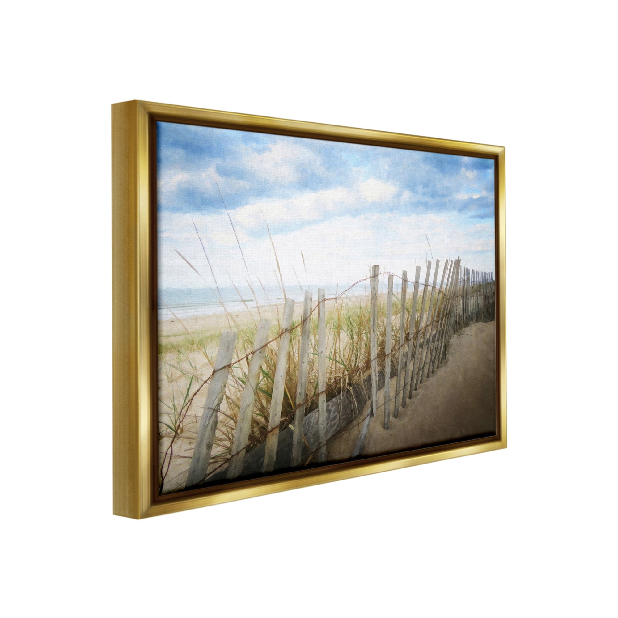 Stupell Industries Summer Beach Fence Landscape Painting Gold Floater Framed Canvas Art Print Wall Art, 21 x 17