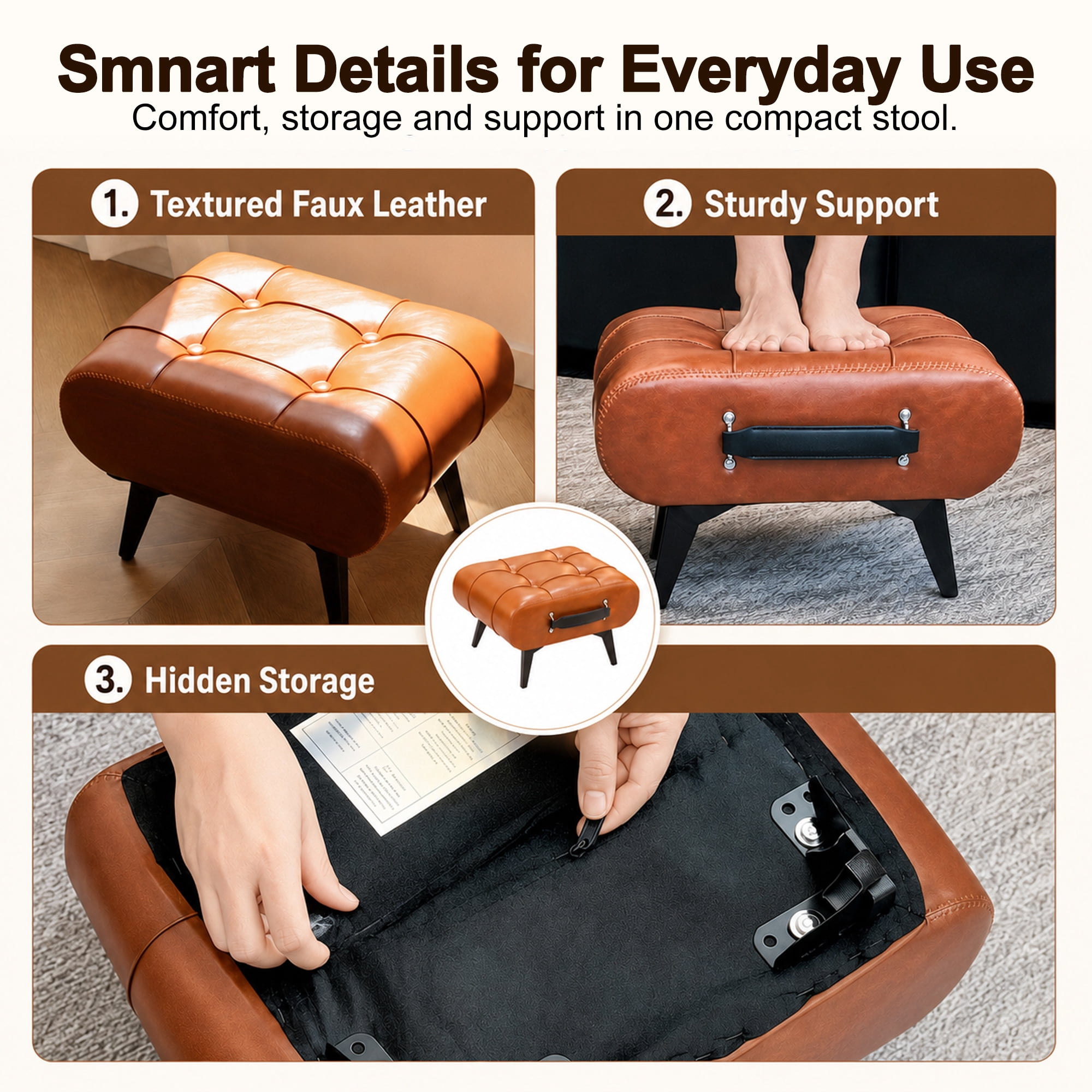 Leumius Modern Leather Stool with Hidden Storage,Portable Handles & Metal Legs,Square Footrest for Living Room,Orange