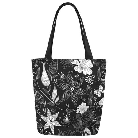 ASHLEIGH Black Background Floral Pattern Canvas Tote Bag Shoulder ...