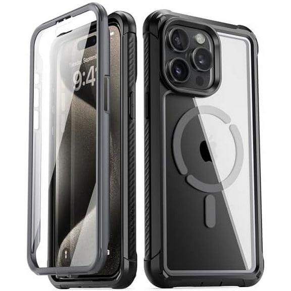 Poetic Guardian MagPro Case Compatible with iPhone 15 Pro Max 6.7 inch,[Compatible with MagSafe], Full-Body Hybrid Shockproof Protective Rugged Clear Cover with Built-in Screen Protector, Black/Clear
