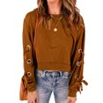 thumbnail image 1 of Jersey para mujer, camisa corta con cordones, mangas largas, cuello redondo, hombros caídos, túnica holgada de otoño para otoño, primavera, jengibre XXL, 1 of 5