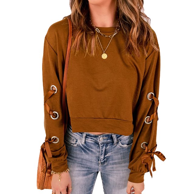 Jersey para mujer, camisa corta con cordones, mangas largas, cuello redondo, hombros caídos, túnica holgada de otoño para otoño, primavera, jengibre XXL