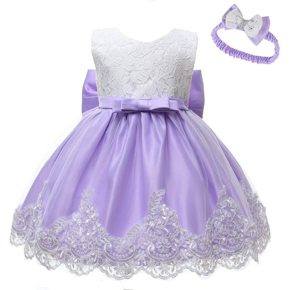 MEZZALL Baby Girls Lace Bowknot Princess Wedding Formal Tutu Dress Headband Set Clothes Lovely Sundress, Purple, 12-18 Months