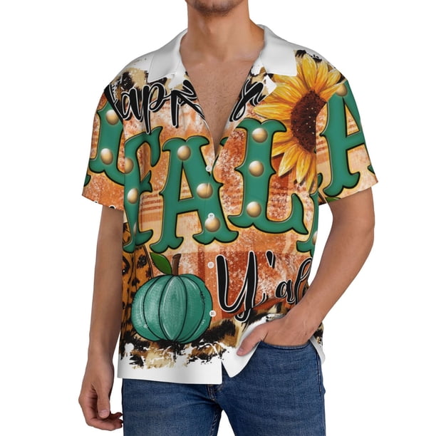 Balery Happy Fall Y'All Camisa Casual de Manga Corta con Botones para Hombre, Texturizada, Estilo Cubano, para Playa, Verano-X-Large