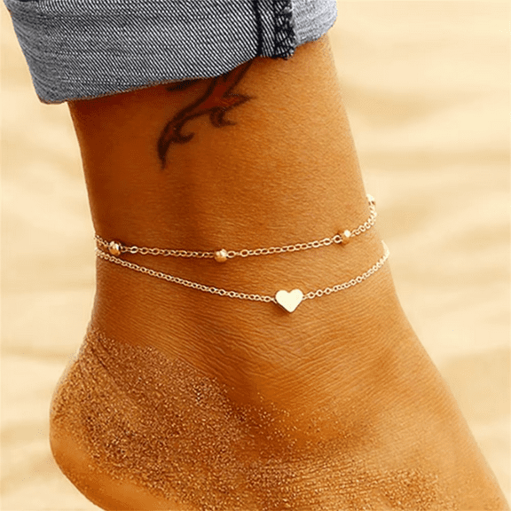 Double Layers Heart Charm Anklet For Women 14K Yellow Gold Leg Foot Ankle Bracelet Summer Beach Jewelry