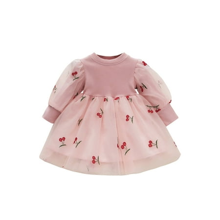 

aturustex Infant Baby Girls Princess Dress 9M 12M 18M 24M Cherry Embroidery Crew Neck Long Sleeve Layered Tulle Dress Spring Casual Dress