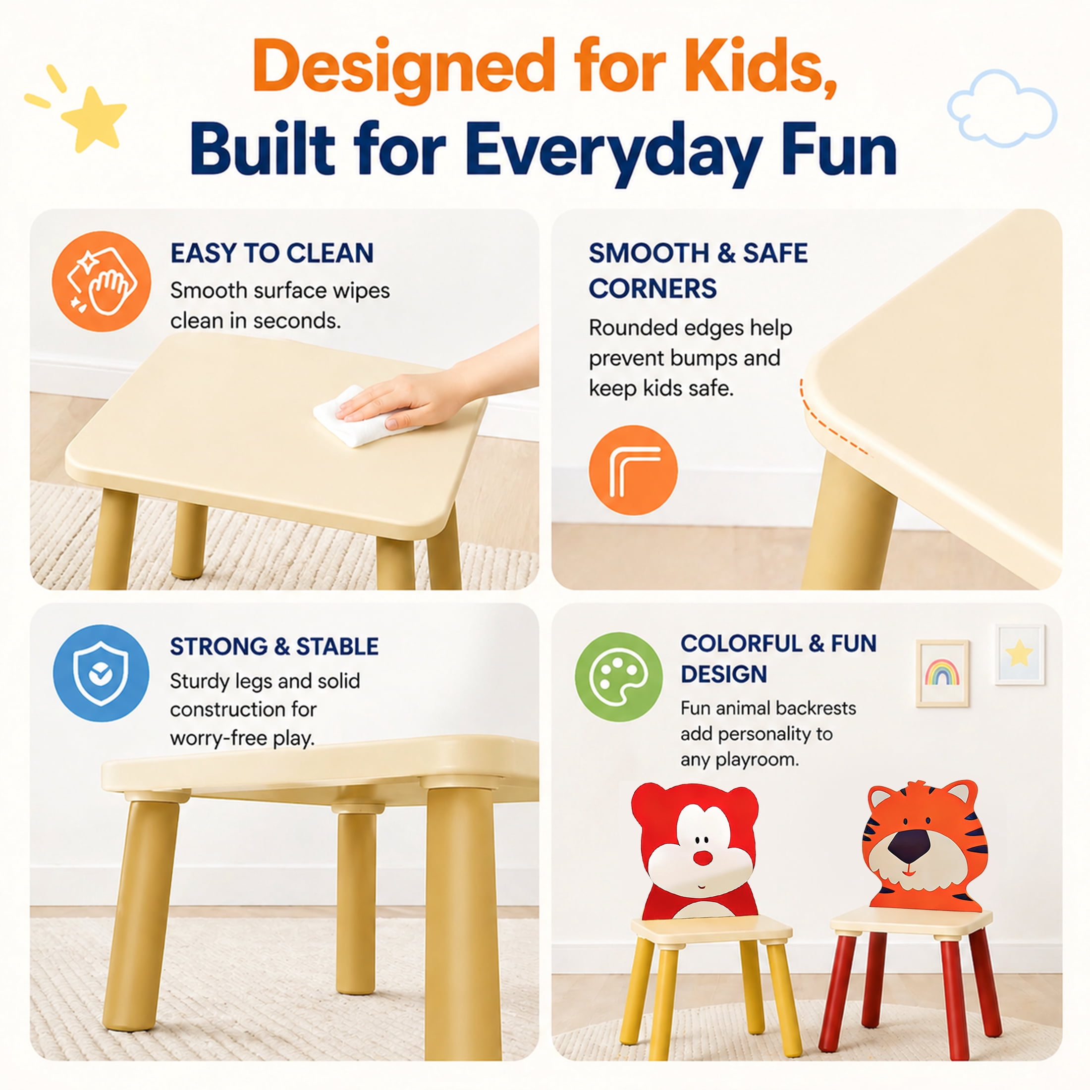 Innovation Works 3Pcs Kids Table and Chair Set,Toddler Wooden Activity Table with Bear & Tiger Design Chairs for Study,Drawing,Playing,Reading