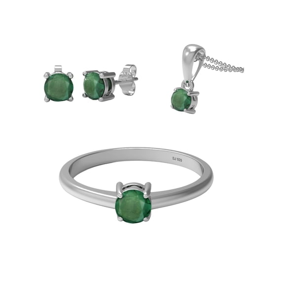 1.08 Ct Round Shape Emerald Gemstone 925 Sterling Silver Solitaire Ring Pendant Earring Set Jewelry