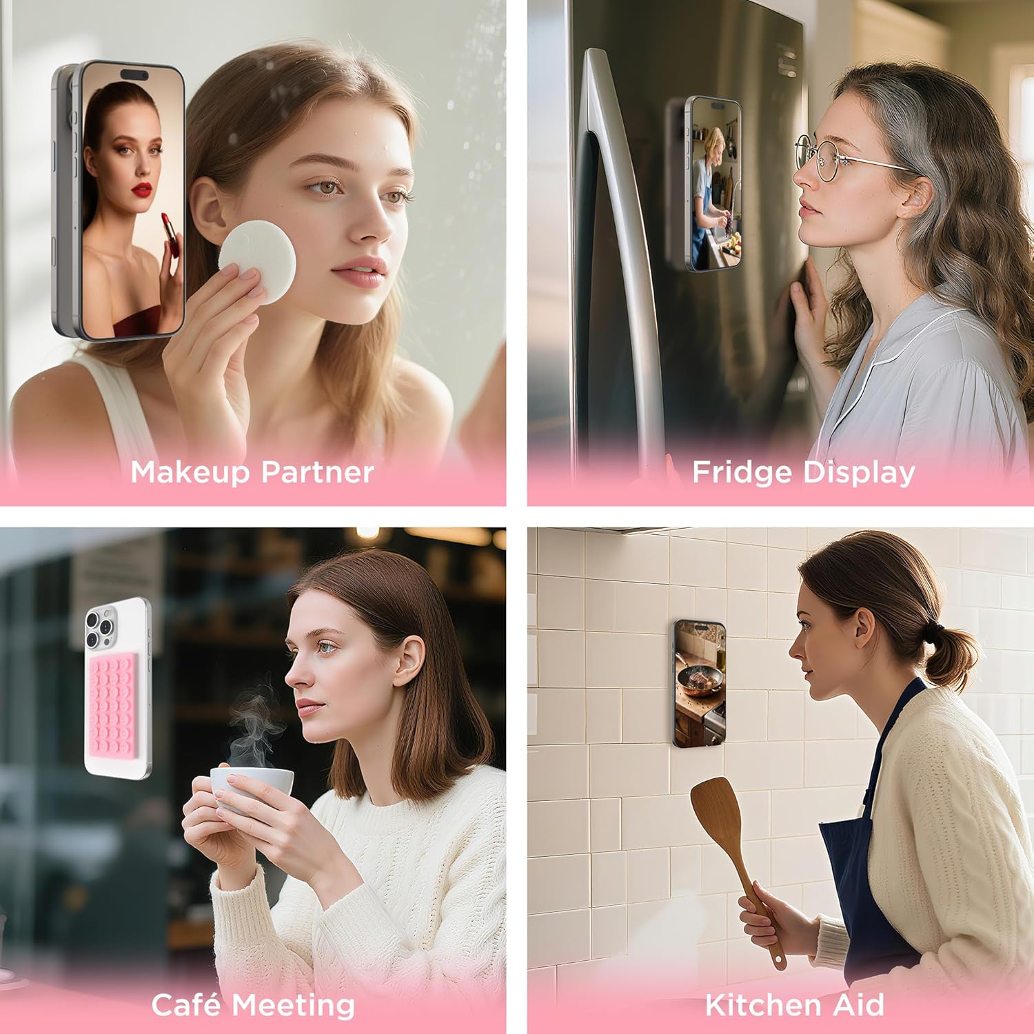 MKEUDQ-2 Pack Silicone Suction Cup Phone Case Mount Double-Sided, Hands-Free Strong Grip Holder for iPhone and Android, Sticky Phone Stand for Selfies and Videos, Pink+Transparent