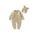 thumbnail image 1 of ZAXARRA Infant Baby 2PCS Winter Outfits, Long Sleeve Solid Color Knitted Romper + Bear Hat Set, 1 of 9
