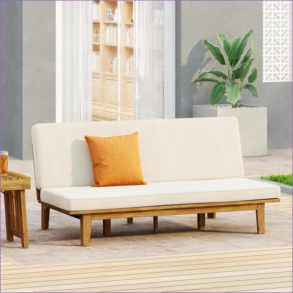 Convertible Outdoor Daybed with Water-Resistant Cushions | Slat Panel Acacia Wood | Beige