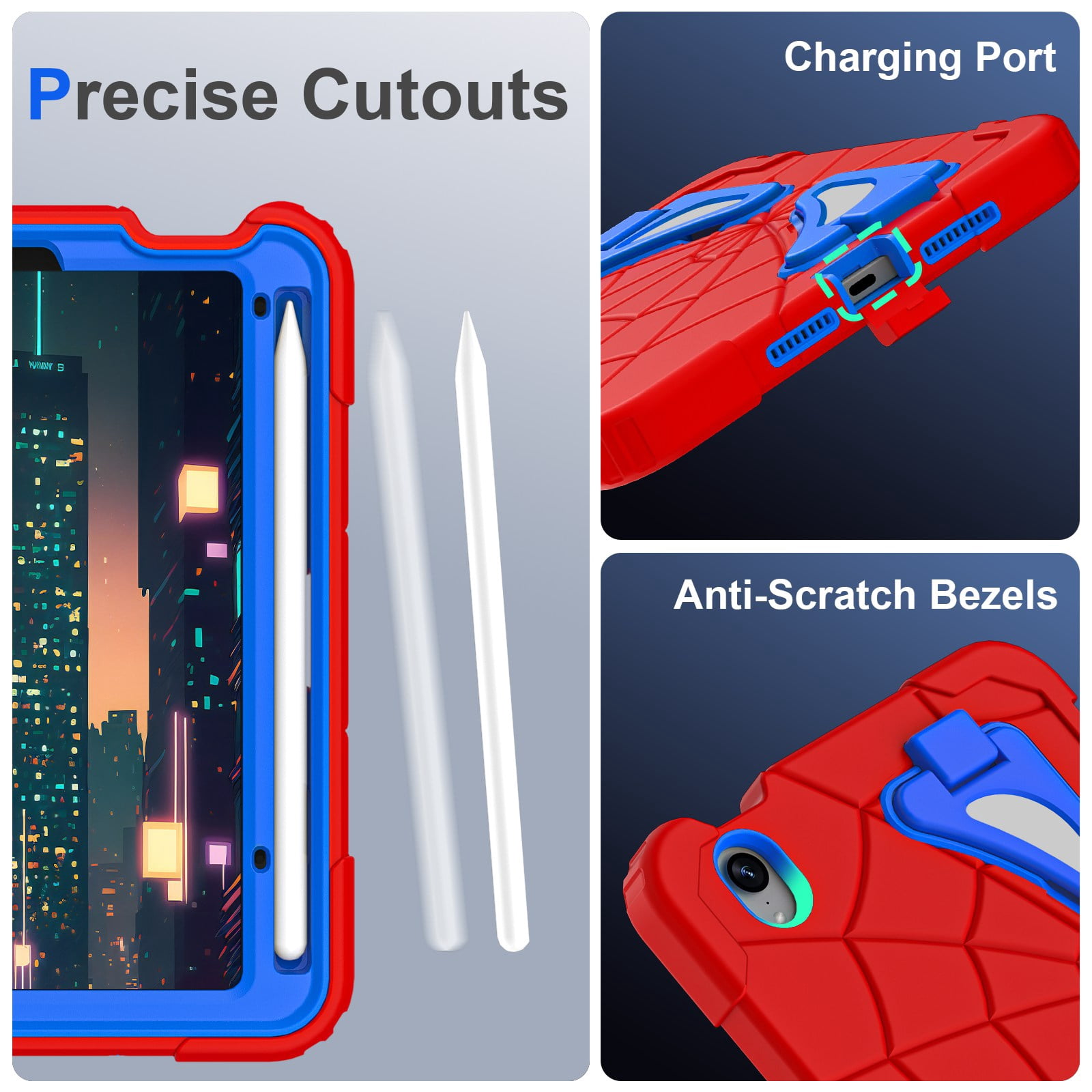 ELEHOLD Kids Friendly Case For Apple iPad mini 7th(A17 Pro) 2024/6th, Heavy Duty Shockproof Rugged Protective Case with Pencil Holder Foldable Kickstand for Boys Children Case, Red+Blue