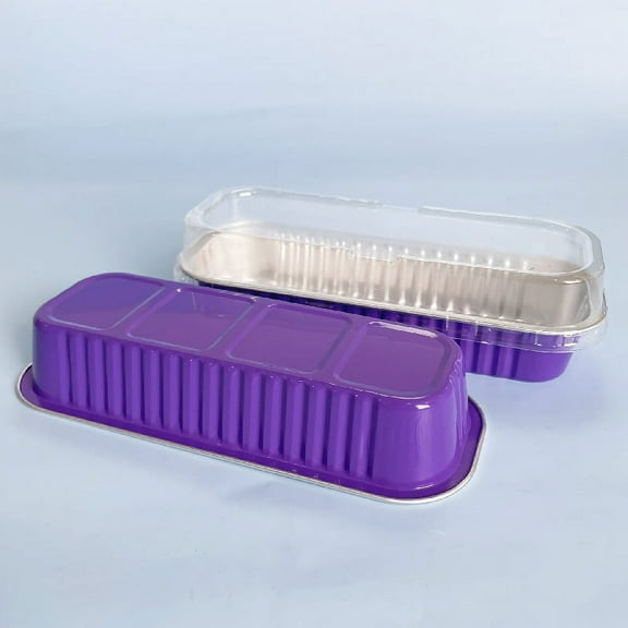 NAMZI mini bread tray with plastic cover, 100 pieces, 6.8 oz, rectangular aluminum foil baking tray - purple