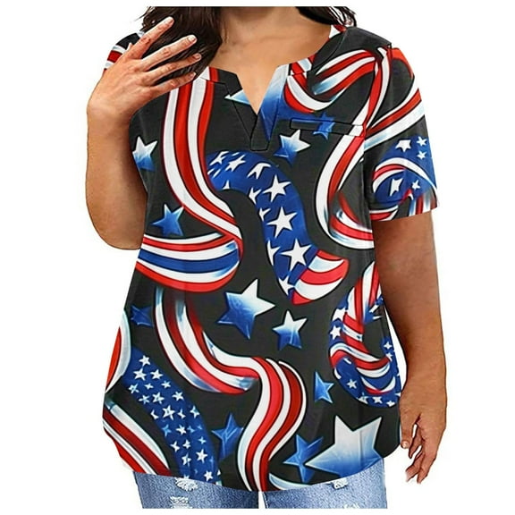Fartey Plus Size Women American Flag Shirt 4th of July V Neck T Shirts Funny Stars Stripe Graphic Tees Independence Day Short Sleeve Patriotic Tops Blue XXXXL