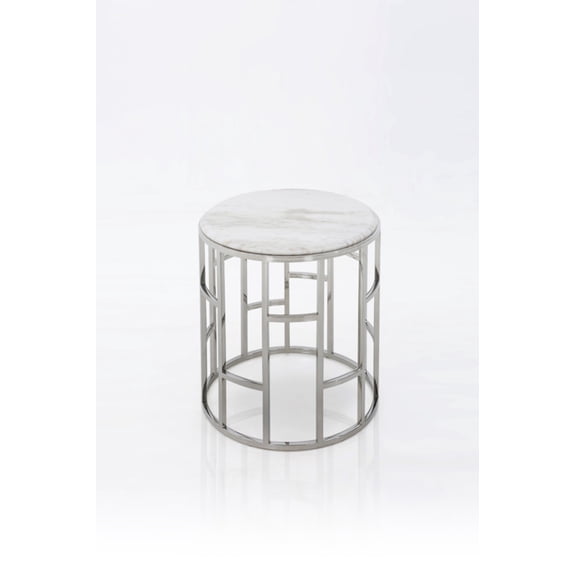 Stylish Silver And White Marble Round Geometric End or Side Table