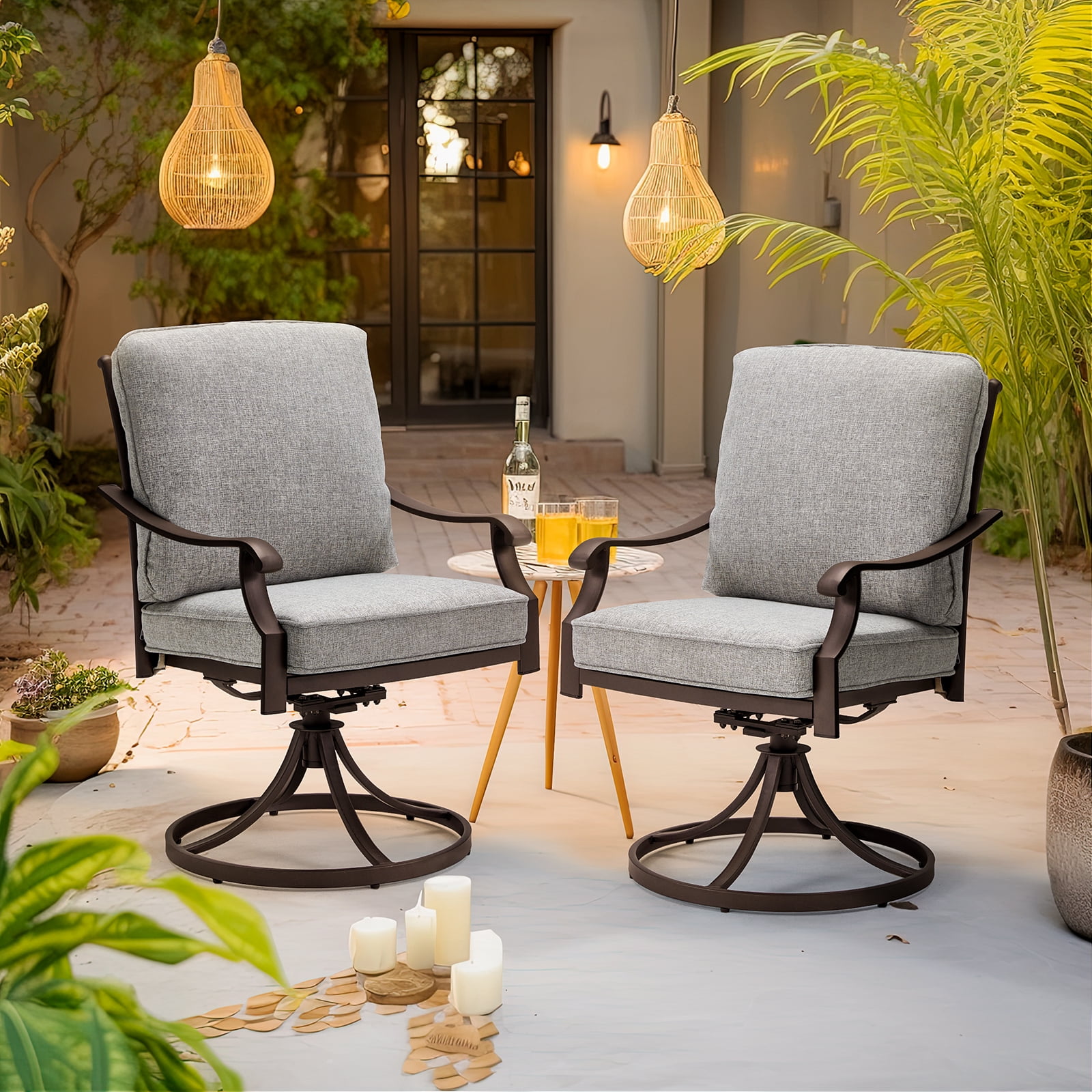 MELLCOM Patio Swivel Chair Set of 2, Heavy Duty Outdoor Dining Chairs with Thickened Cushions, Metal Patio Chairs Gentle Rocker for Outside, Garden Lawn & Porch, Backyard, Grey