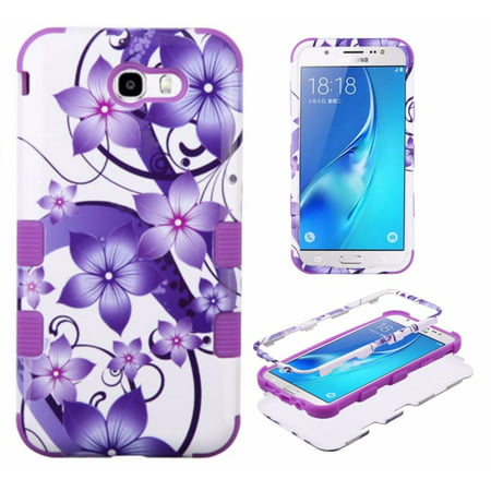[World Acc] For Samsung Galaxy Halo / Galaxy J7 Prime / Galaxy J7 J727 / Galaxy J7 Perx / Galaxy J7 Sky Pro / Galaxy J7V J7 V Case Tuff Armor Hybrid Phone Cover (Purple Hibiscus