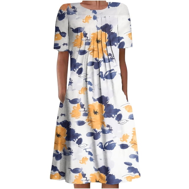 QJUHUNG Midi pour Femmes Été Décontracté Ample Boho Imprimé Floral Col Rond Manches Courtes Robe Froncée Longueur Genou avec Poches