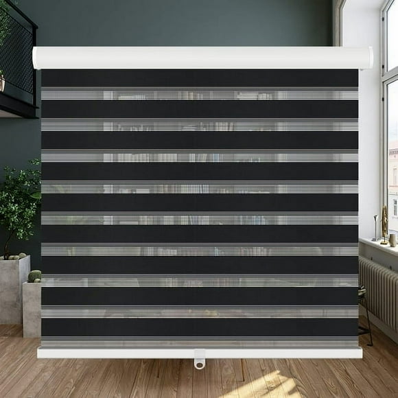 LUCKUP Cordless Zebra Blinds Roller Shades for Window-Dual Layer Sheer Blinds Light Control with Valance Day Night Privacy Light Filtering Fabric, 30" W x 72" H, Black