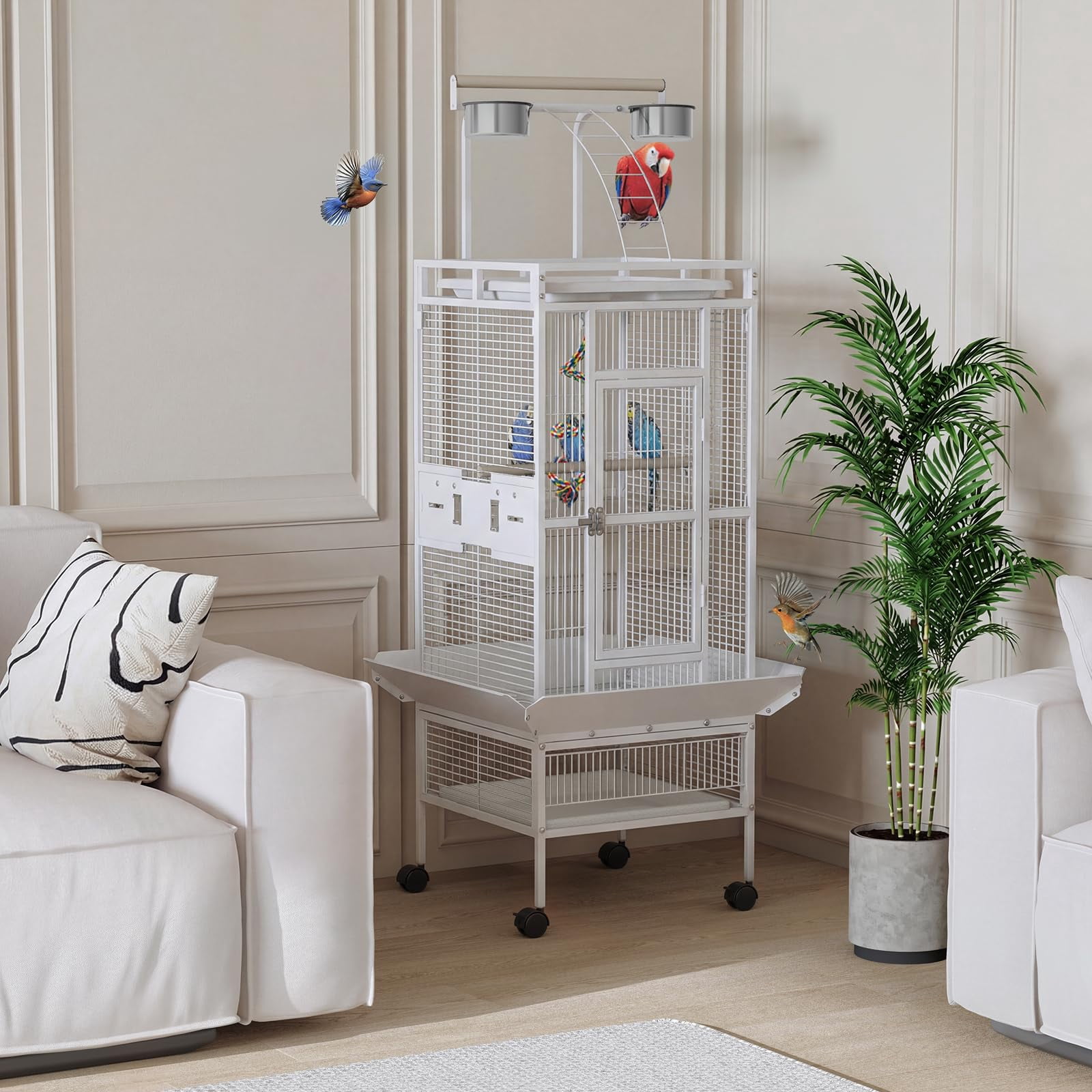 Large 60" Wrought Iron Bird Flight Cage with Rolling Stand & Play Top – Heavy Duty Parrot Cage with 4 Stainless Steel Bowls for African Grey, Cockatiel, Conure, Parakeet, White