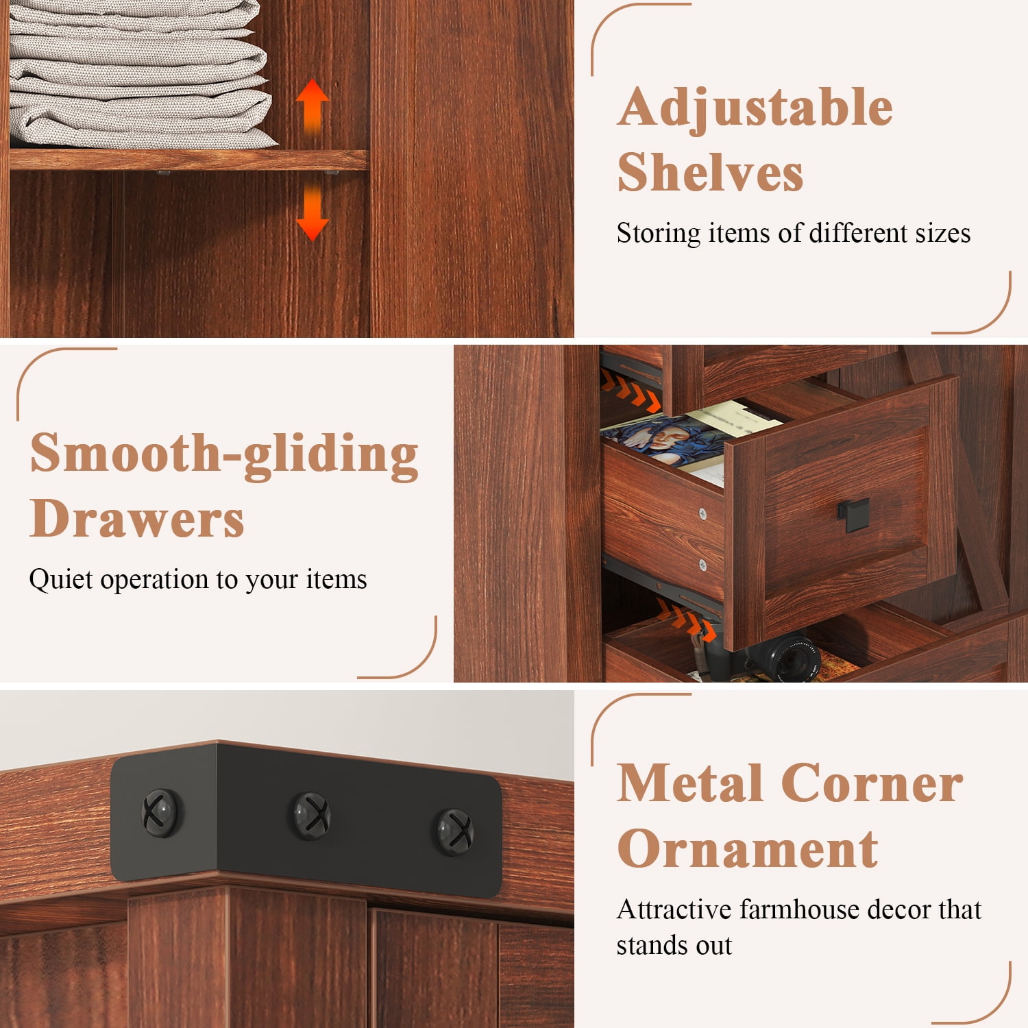 Frmobepts Farmhouse 5 Drawer Dresser with Barn Door, Adjustable Storage Cabinet for Bedroom Living Room, Brown