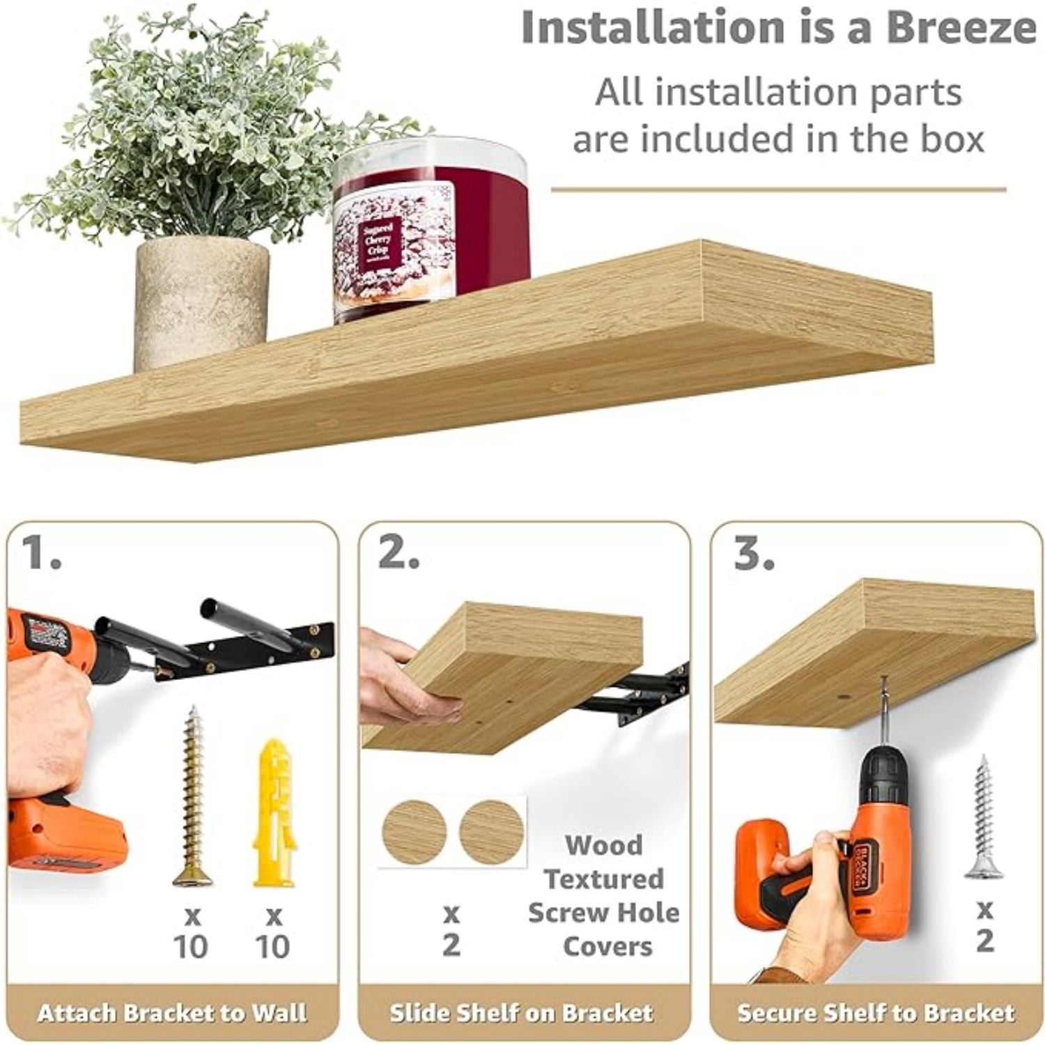 Floating Shelves for Wall - 24" Bathroom Shelves, Wall Decor for Bedroom, Kitchen, Living Room, Home Decor & Book Storage - Mounted Floating Shelf with Invisible Brackets (Maple Wood, 3 Pack)